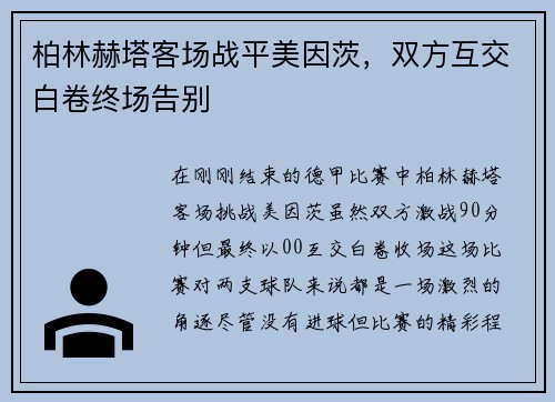 柏林赫塔客场战平美因茨，双方互交白卷终场告别